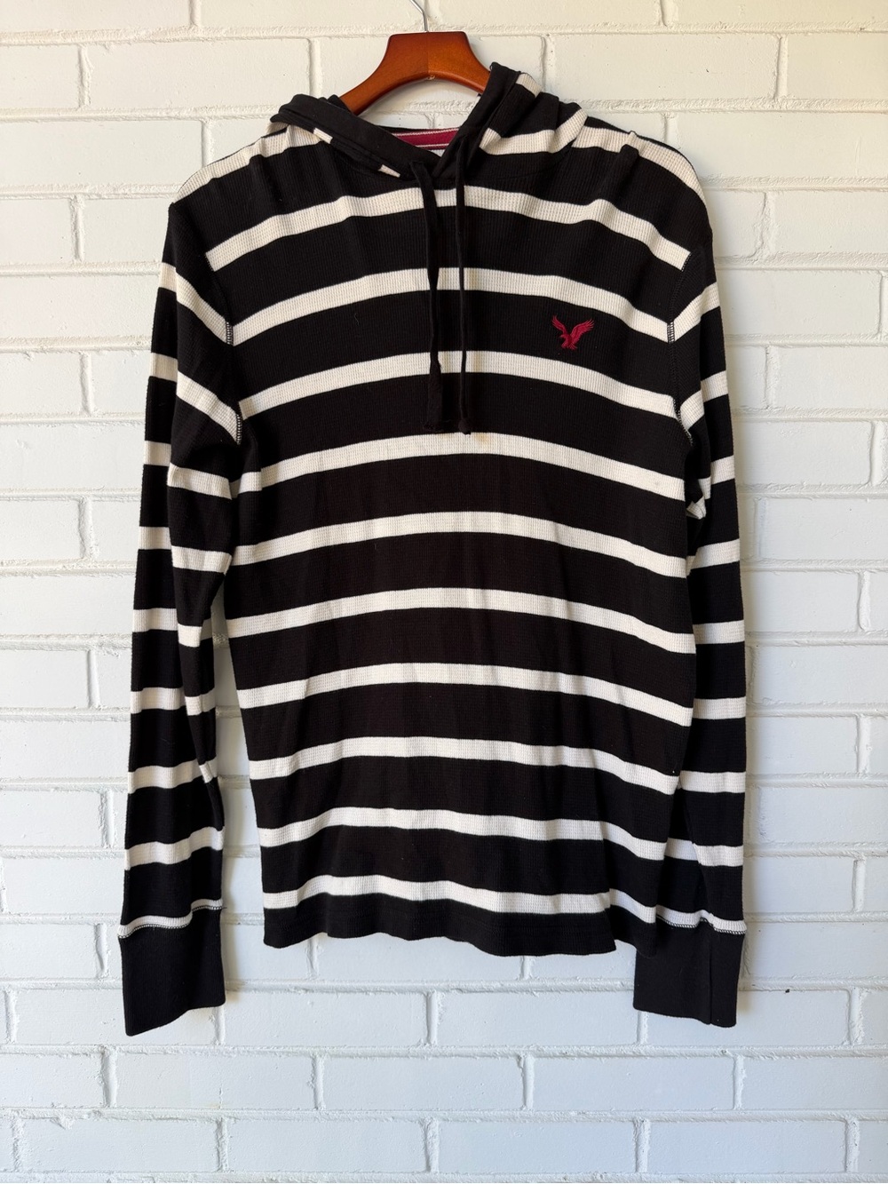 American Eagle Outfitters Black & White Striped Hooded Pullover with Pink Logo